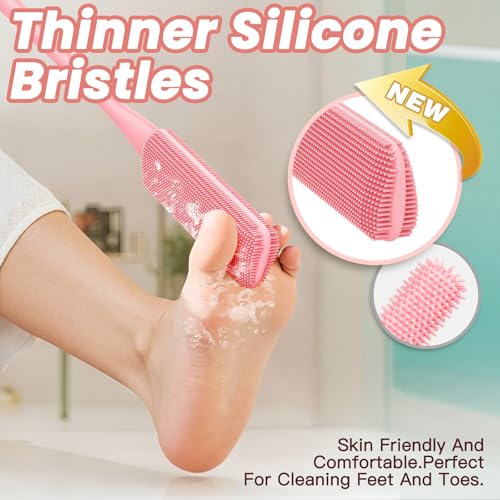 Pack of 3 Silicone Toe Cleaning Brush,Soft Brush Foot Scrubber Long Handle Bathroom Shower Bath Brush Wet and Dry Use for Seniors,Elderly, Men and Women (Pink) - color: Pink