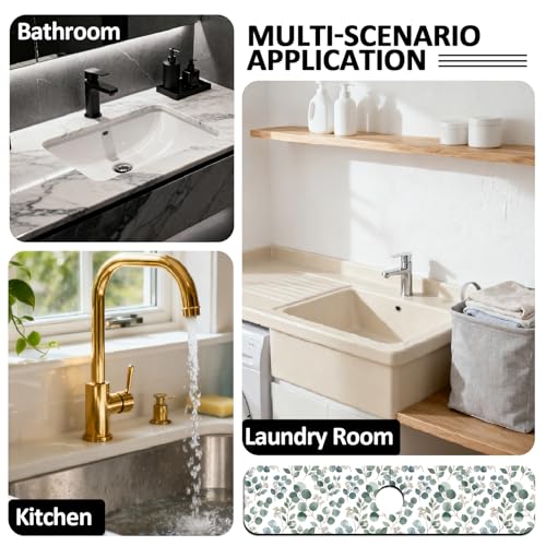 2 Pcs Kitchen Sink Splash Guard Faucet Mat Green Leaves Pattern Faucet Mat for Sinks Eucalyptus Leaves Absorbing Drying Mats for Kitchen Bathroom, 23.6x5.5inch - color: Green Leaves Pattern