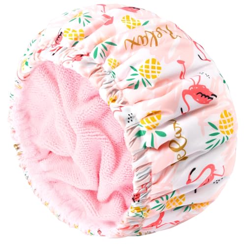 Shower Cap for Women Terry Lined Bath Cap Large Reusable Waterproof Elastic Band Pink Flamingo Shower Caps for Long Thick Hair Soft Bath Shower Hair Caps - color: Pink Flamingo
