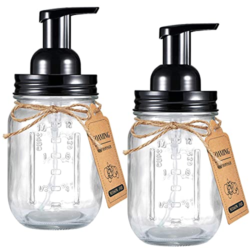 Amolliar Mason Jar Foaming Soap Dispenser, Plastic Pump Rustproof Stainless Steel Lid, Waterproof Label, Rustic Farmhouse Decor Hand Soap Dispenser, Dish Soap for Bathroom, Kitchen, Bath, Black 2 Pack - color: Black, size: 2 Pack