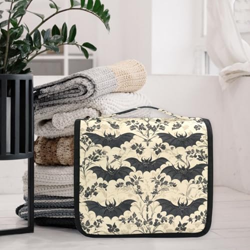 MNSRUU Hanging Toiletry Bag Bats and Flowers Vintage Travel Makeup bag for Toiletries Portable Travel Toiletry Organizer Cosmetic Bags with Hanging Hook - color: Bat I13854