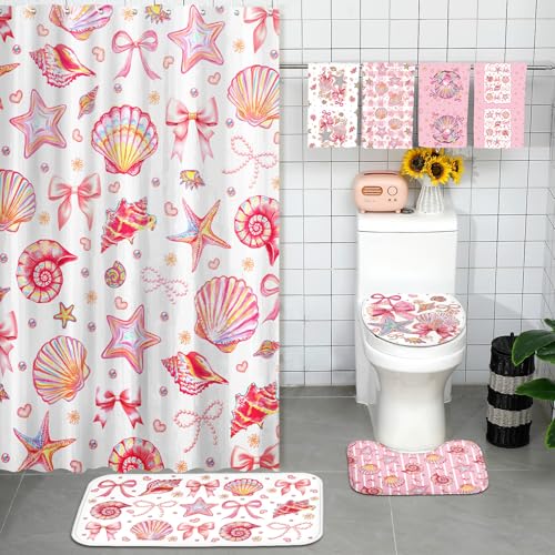 Tatuo 8 Pcs Beach Shower Curtain Set Blue Bow Ocean Summer Beach Party Bathroom Accessories Sets Coquette Starfish Coastal Waterproof Shower Curtain with Towels Carpet Bath Mat Toilet Rugs 12 Hooks - style: Pink Ocean