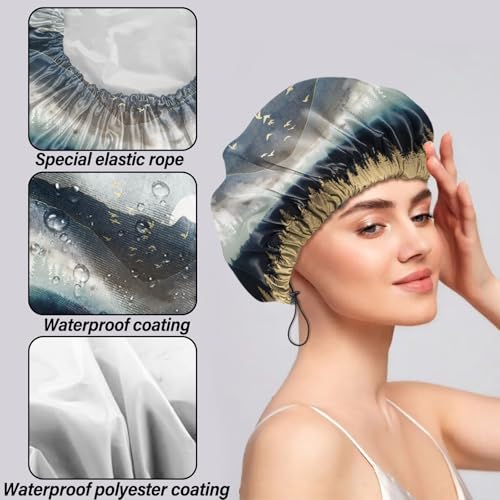 2 PCS Shower Cap Reusable Waterproof Double Layers Hair Caps Shower Bath Adjustable Elastic Hat for Women Girls Cute Aesthetic-Sunset Forest - color: AI9-Sunset Forest