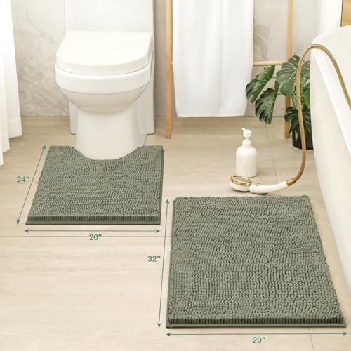 HOMEIDEAS Bathroom Rugs Set 2 Pieces, Ultra Soft Non Slip Absorbent Chenille Toilet Bath Mat Set (Sage Green) - color: Green-sage Green, size: 1'8" x 2'8" (U Shape 20"x24"+20"x32")