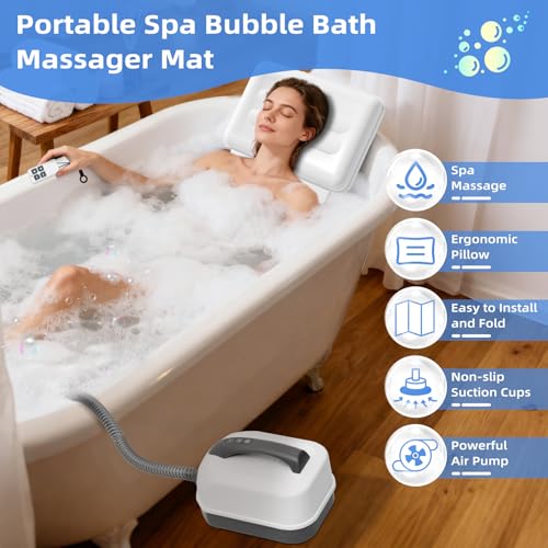 Iridesc Bubble Bath Mat Tub Spa Massager, Portable Spa Bubble Bath Massager with Remote Control, Upgraded Powerful Suction Cup, Pillow, Electric Air Pump, 6-Speed Bubbles for Home Relaxation