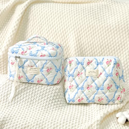 Sminra Makeup Bag Large Travel Quilted Cosmetic Makeup Bag Organizer, Floral Cotton Coquette Aesthetic Toiletry Bag for Women Girls (Blue Bow Flowers-L) - color: Blue Bow Flowers-L