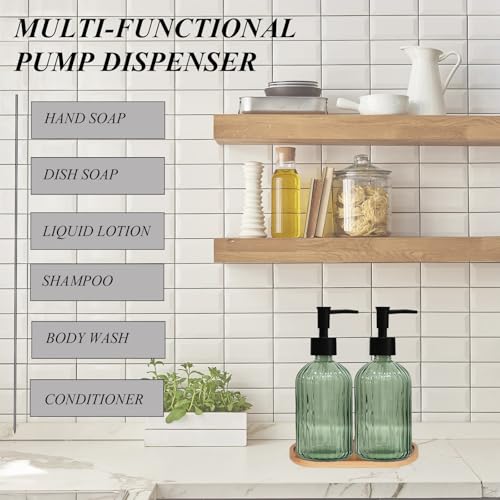 Glass Hand and Dish Soap Dispenser Set of 2 with Plastic Pumps, Bamboo Tray, 13.5oz Green Bathroom Soap Dispenser with Vertical Stripe for Hand Wash & Dish Wash, Ideal for Bathroom Kitchen Countertop - color: Green