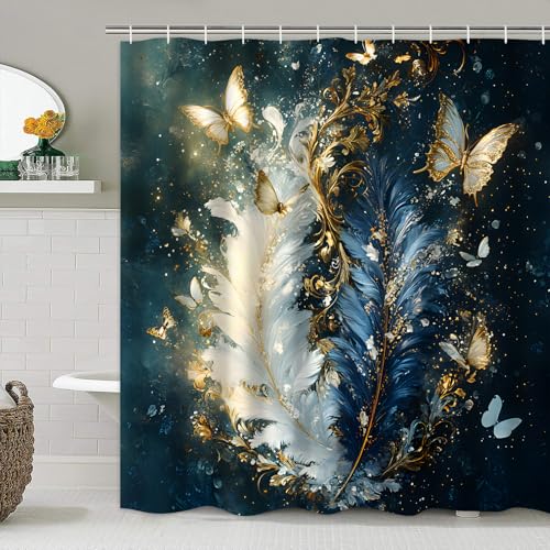 AZHM Luxury Dark Blue Gold Feather and Butterfly Shower Curtain Set 4 PCS Glittery Art Bathroom Decor Set with Non-Slip Rugs, Toilet Lid Cover & Bath Mat - color: Deep Blue