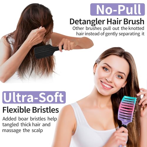 Boar Bristle Hair Brush Set of 2, HIPPIH Wet & Dry Hair Brushes Made by Fine Natural Boar Hair Can Adds Shine and Smoothing, Detangling Hairbrush for Women, Men & Kids' Long Curly Thick Hair - color: Mint Purple & Green