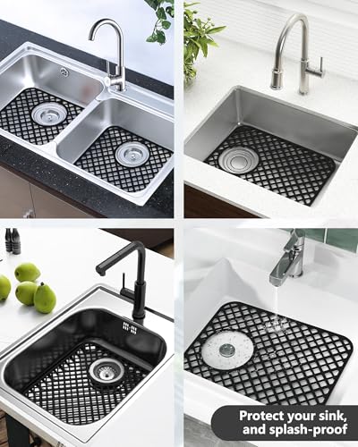 2 Pack Silicone Sink Protectors for Kitchen Sink, Trellis Pattern 13 x 11 Inches Sink Mat, Non-Slip and Durable Sink Protector Silicone, Rear Drain, Black - color: Black