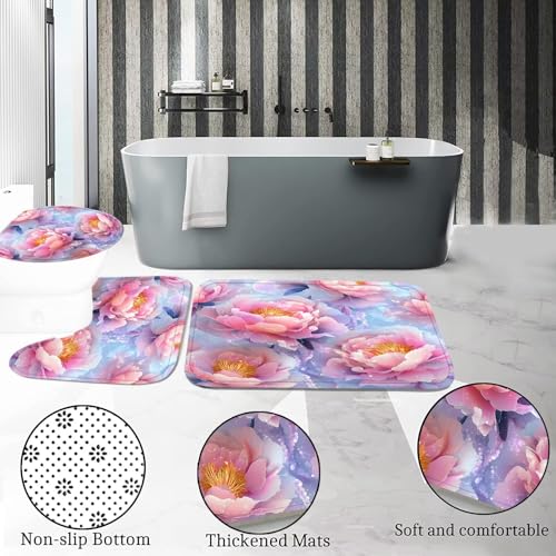 DDQQ 4Pcs Floral Shower Curtain Set Pink Flower Bathroom Sets with Shower Curtain and Rugs, Glitter Flowers Shower Curtain Set, Bathroom Decor Set, Bathroom Rugs Set Toilet Lid Cover Hooks - color: Pink Blue