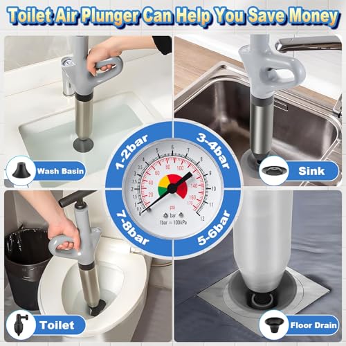 Toilet Plunger, High Pressure Toilet Plunger,Toilet Auger Air Drain Blaster with Real-Time, Heavy Duty Plunger for Bathroom and Plumbing Clogs (Grey) - color: Grey