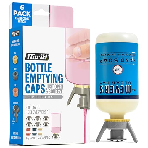 Flip-It! Bottle Emptying Kit – 6 Bottle Pack - No more wasted product - Fits most plastic bottles – 6 Base Caps, 6 Adapters – Pastel Color Edition - color: Pastel, size: 6-Pack