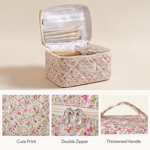 HBselect Quilted Makeup Bag, 3PCS Cotton Large Travel Makeup Bag, Cute Floral Coquette Make up Bag Cosmetic Bag Toiletry Bag for Women Girls - color: A-3PCS-Floral 19