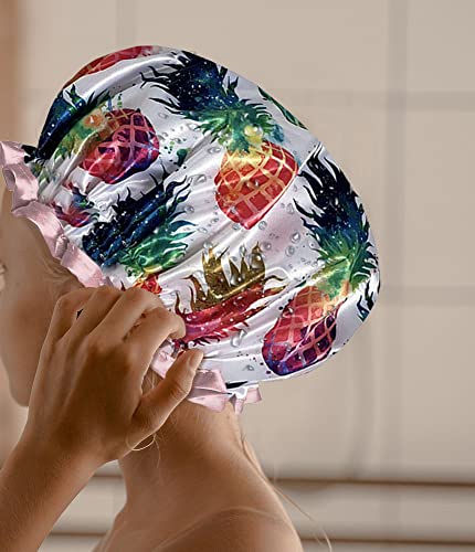 WIRESTER Elastic Reusable Bathing Hair Cap, Waterproof Shower Cap, Fashion Bath Cap for Women Girls - Colorful Pineapples