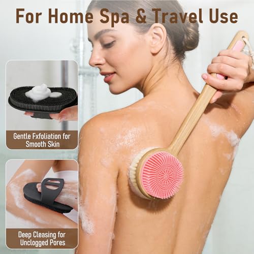 Back Scrubber for Shower + Body Scrubber 2 Pack, Dual Sided Silicone & Nylon Bristles Lather Well Exfoliating Anti-Slip Wood Long Handle Back Scrubber Body Exfoliator for Wet/Dry Bath Brush Pk+Bl - color: Pink & Black