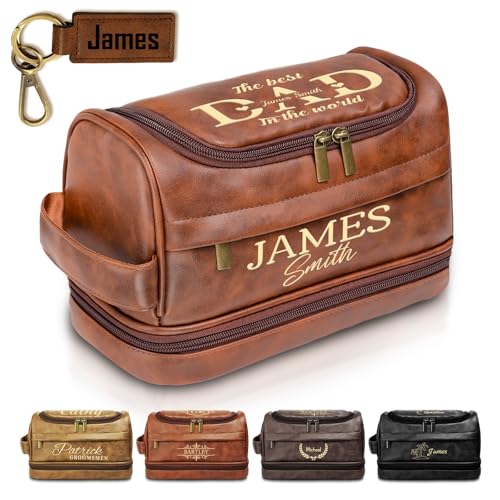 Personalized Toiletry Bag for Men, Fathers Day Gift for Dad, Custom Toiletry Bag Gifts for Men, Birthday, Anniversary, Groomsmen, Husband, Boyfriend, Graduation, Leather Engraved Travel Shaving Bag - color: Brown-1