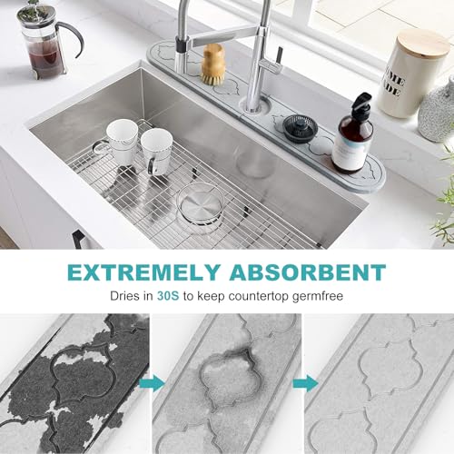 Faucet Mat Absorbent Pad,Diatomite Fast Drying Stone Sink Tray, Revents Moisture Buildup-Durable Faucet Drip Mat for Kitchen Sink and Bathroom Counter,with Non-Slip Dots (Light grey, 24" x 4") - color: Light grey