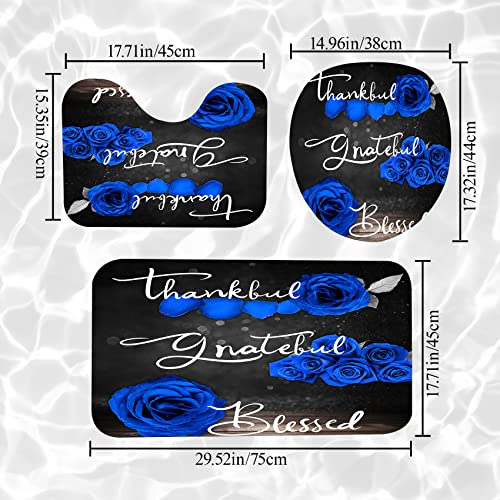 4Pcs Blue Rose Shower Curtain Set, Thankful Grateful Blessed Bathroom Curtain with Non-Slip Rug, Toilet Lid Cover, Bath Mat and 12 Hooks, Romantic Royal Blue Floral Wedding Decor for Bath, 72 x 72 in - color: Blue