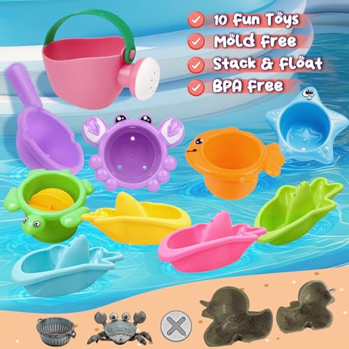 10 Pcs Bath Toys for Kids Ages 1-3, Bathtub & Pool Water Toys for Toddlers 1-3 & Babies 12-18 Months, Water Table Accessories with Floating Boats, Stacking Cups & Pouring Fun for Boys Girls - style: Boats Set