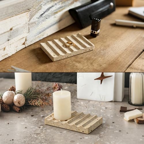 Natural Marble Soap Dish for Shower Stone Tray Small Bar Soap Holder with Self Draining | Non-Slip, Luxury Bath Room Accessories, Sponge Dish Scrubbers Tray for Kitchen Sink Counter Top (Travertine)