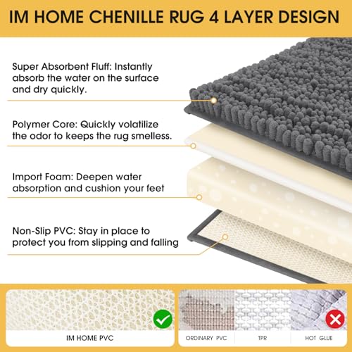 ACCUMTEK Upgrade Extra Large Grey Bathroom Rug Set 3 Pieces Gray Ultra Soft, Thick Absorbent Bath Mats, Non Slip Chenille Toilet Mat for Bathroom, Bedroom, Kitchen, Charcoal - color: Dark Gray, size: 48"x20"+24"x17"+U Shape24"x20"