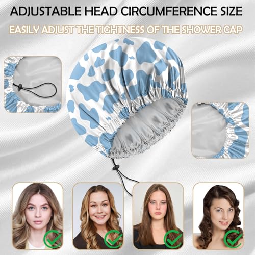 2 PCS Shower Cap Reusable Waterproof Adjustable Double Layer Elastic Dry Hair Bathing Caps Aesthetic Cute for Women Girls-Blue Gray - color: H-4-Blue Gray