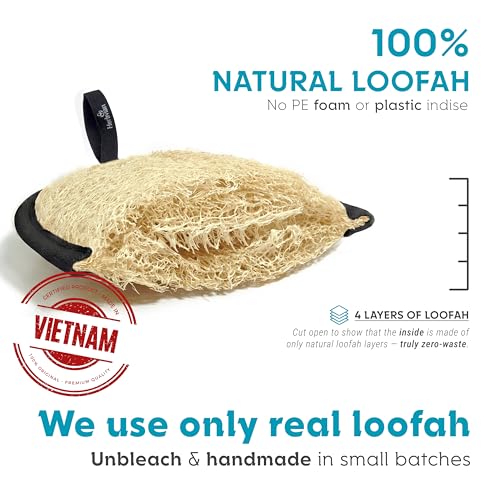 Natural Loofah Body Scrubber for Men, 2PCS Black & White Handmade Vietnamese Luffa Sponge for Shower with Cotton Hanging Tag, Exfoliating Bath Loofah, Durable Body Sponge for Daily Use