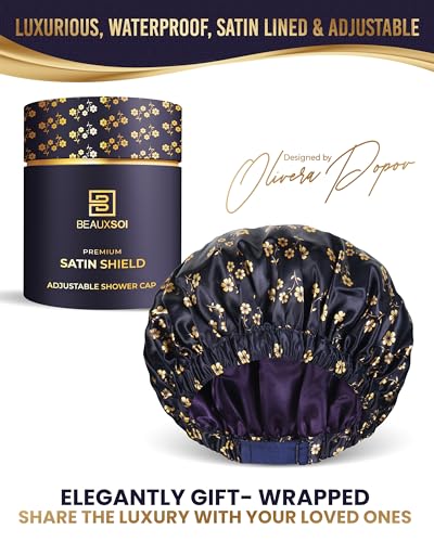 Luxury Reusable Shower Cap for Women - Satin Lined, Adjustable & Waterproof - Keeps Hair Dry- Durable Hair Bonnet by BEAUXSOI (Fleur de Nuit) - Floral design - color: Fleur de Nuit