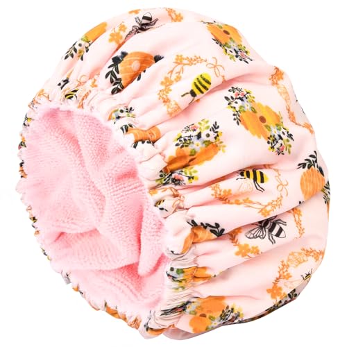 Shower Cap for Women Terry Lined Bee Bath Cap Large Reusable Waterproof Elastic Band Beekeeper Shower Caps for Long Thick Hair Soft Bath Shower Hair Caps - color: Bee
