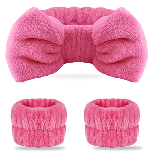 WSYUB Spa Headband and Wrist Bands for Makeup & Face Wash, 1 Set, Watermelon red - color: Watermelon red
