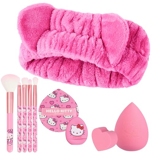 Get Trend Hello Kitty Sanrio Makeup Brush Sponge Set for Girls, Teens with Headband Powder Puffs Soft Brushes Beauty Sponges, Kawaii Gifts for Girls (Pink Hello Kitty) - color: Pink Hello Kitty