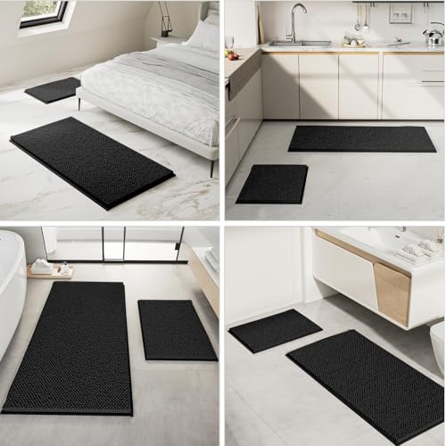 Bathroom Rugs Set 2 Piece Thick Chenille Kitchen Mats,Quick Dry Absorbent Bath Rugs With Non-Slip Pvc Backing,Bath Mats for Bathtub,Bedroom,Living room -Home Decor Large Rugs 60x24+32x20 Inch Black - color: Black, size: 60" x 24"Plus + 32" x 20"