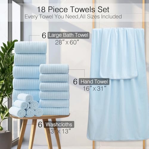 Hailea 18 Piece Family Bath Towel Set Include 6 Bath Towels,6 Hand Towels and 6 Washcloths Soft Bathroom Towel with Hanging Loops,Highly Absorbent Quick Dry Towels Set for Bathroom,Hotel and Spa-Blue - color: Blue, size: 18-Piece Set