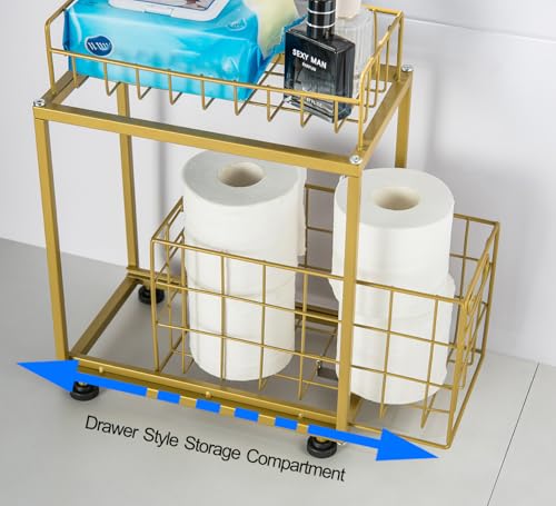 Freestanding Toilet Paper Holder, Drawer Style Storage Compartment, with Storage Shelf Reserve for Phone Tablet Magazine Bathroom Organizer (Gold) - color: Gold