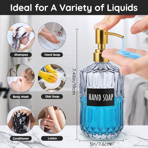 Segbeauty 15.2oz Glass Soap Dispenser Bathroom Bottle, 2pcs Gray Shampoo and Conditioner Dispenser with Labels, 450ml Pump Bottle for Kitchen, Lotion Cream Container with Golden Stainless Steel Pump - color: Gray Gold, size: 15.2oz/450ml