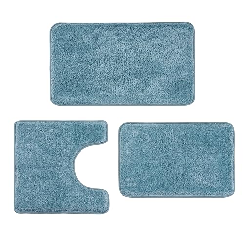 3 Pieces Luxury Bathroom Rug Set with U-Shaped Toilet Rug, Non-Slip Rubber Bottom, Thick Microfiber Fluffy Plush, Water absorption, Quick Dry, Ultra Soft, Bath Mats for Bathroom, Tub(Lake Blue) - color: Lake Blue