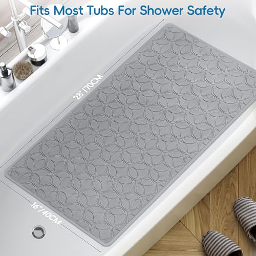 Bathtub Mat Non Slip with Suction Cups - 100% Rubber Bathroom Mat Textured for Bath Tub Shower Safety - Soft on Touch - BPA/PVC Free - Pet Dog Bath Mat - Machine Washable - 16 × 28 Inch（Gray） - color: Gray, size: 28" x 16" (Rectangular)
