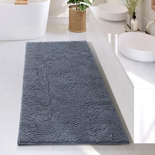 Hearth & Harbor Bathroom Rugs, Chenille Bath Mat - Machine Washable Bath Mats for Bathroom Non-Slip Backing Rubber, Quick Dry Bathroom Mat, 26 x 44 - Stone Blue - color: Stone Blue, style: 26 x 44