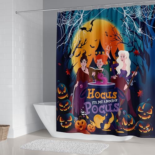 4Pcs Halloween Shower Curtain Set Hocus Pocus Witch Shower Curtain for Halloween Bathroom Decor with Anti-Slip Waterproof Bathtub Bathroom Rugs Toilet Lid Cover, 12 Hooks (Witch)