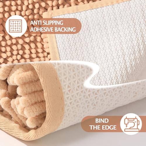 Beige Bathroom Rugs, 47x20 Large Bath Mat & 17x24 Small Bathroom Mat, Soft Chenille Non-Slip Rugs for Bathroom Floor, Tub & Shower, Absorbent and Machine Washable - color: Beige-2