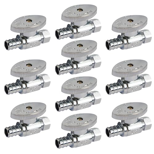 Hourleey 10 Pack Straight Stop Valve, Water Shut Off Valve 1/2" PEX x 3/8" OD Compression, Quarter Turn Chrome Plated Brass Valve for Faucets and Toilets - color: Straight (Pack of 10)