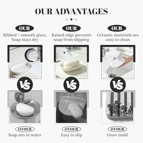 White Ceramic Soap Dish for Bathroom & Kitchen Sink – Raised Center Keeps Soap Dry & Easy Clean, Heavy Ceramic Stays Put on Wet Ledges; Also Holds Soap Bars, Sponges, Jewelry, Keys & Small Items - color: White