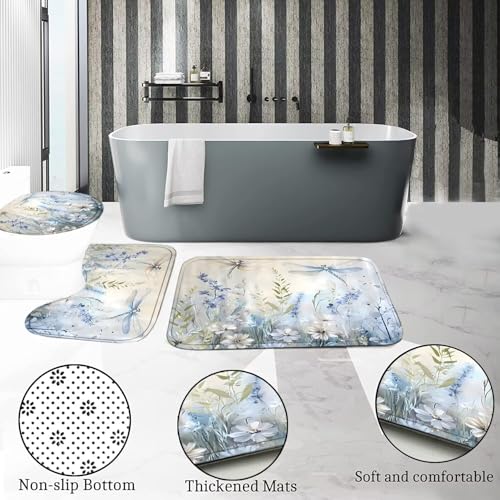 DDQQ Blue Flower Dragonfly Shower Curtain Set Floral Home Bathroom Sets with Rugs, Green Leaves Bathroom Decor Shower Curtain Set with Carpet Bath Mat Toilet Rugs - color: Dusty Blue