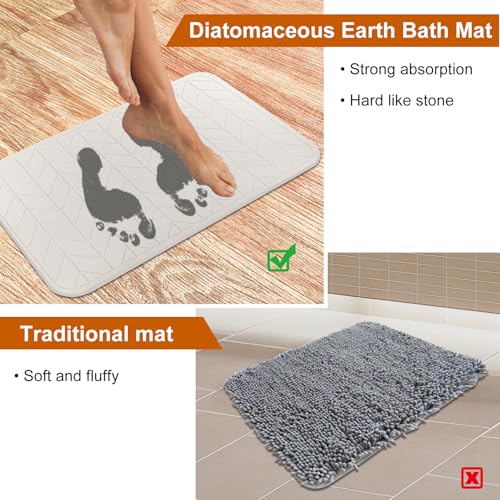JUERLEN 2 Pack Diatomaceous Earth Shower Mat, Stone Bath Mat, Nonslip Super Absorbent Fast-Drying Hard Bath Mat for Bathroom Shower Floor, 24 x 16 inch, Grey and White Arrow Design - color: Pallid