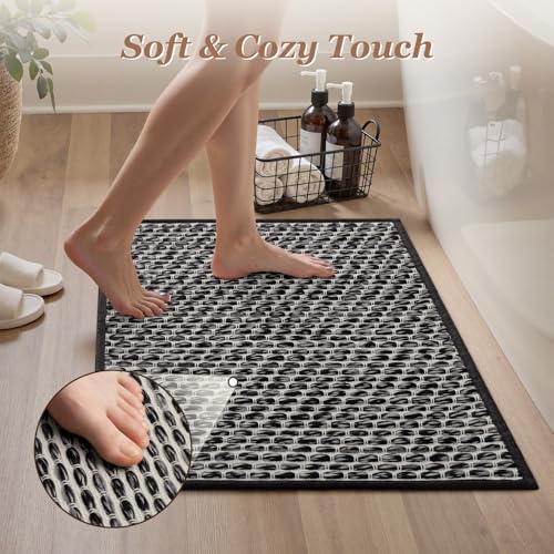AMOAMI Unique Woven Bath Mat, Super Absorbent Non Slip Bath Mats for Bathroom Floor Textured Bathroom Mat Quick Dry Washable Bath Rug Boho Thin Rugs for Bathroom Beside Tub, 20" x 32", Black - color: Black, size: 20" x 32"