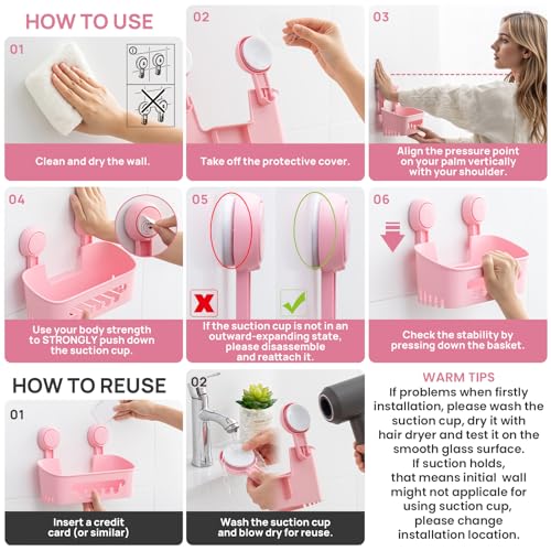 LEVERLOC Shower Caddy Suction Cup Set Shower Organizer & Soap Holder & Toothbrush Holder, Bathroom Shelf Basket NO-Drilling, Removable Suction Storage Waterproof Bathroom Caddy, Pink - color: 3 X Pink
