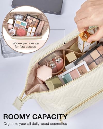 BAGSMART Travel Makeup Bag, Cosmetic Bag Small Make Up Organizer Case,Wide-open Pouch for Women Purse for Toiletries Accessories Brushes,Small Beige - color: D-1 Layer- Beige, size: Small
