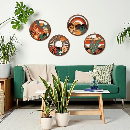 TOARTi 4 Pieces Boho Wooden Wall Art Bohemian Hanging Art Farmhouse Geometric Wooden Wall Decor Aesthetic Botanical Artwork Boho Minimalist Wall Decor for Bedroom Living Room - color: Boho Wooden Wall Art 1