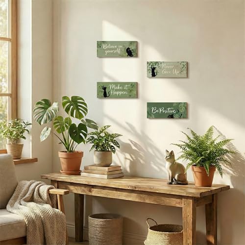 4Pcs Sage Green Office Decor for Women Inspirational Wooden Wall Decor for Office Home Sage Green Black Cat Wall Art Motivational Quotes Wooden Signs Set Positive Affirmations for Bedroom Work - style: Sage Green